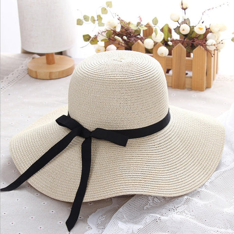 simple Foldable Wide Brim Floppy Girls Straw Hat Sun Hat Beach